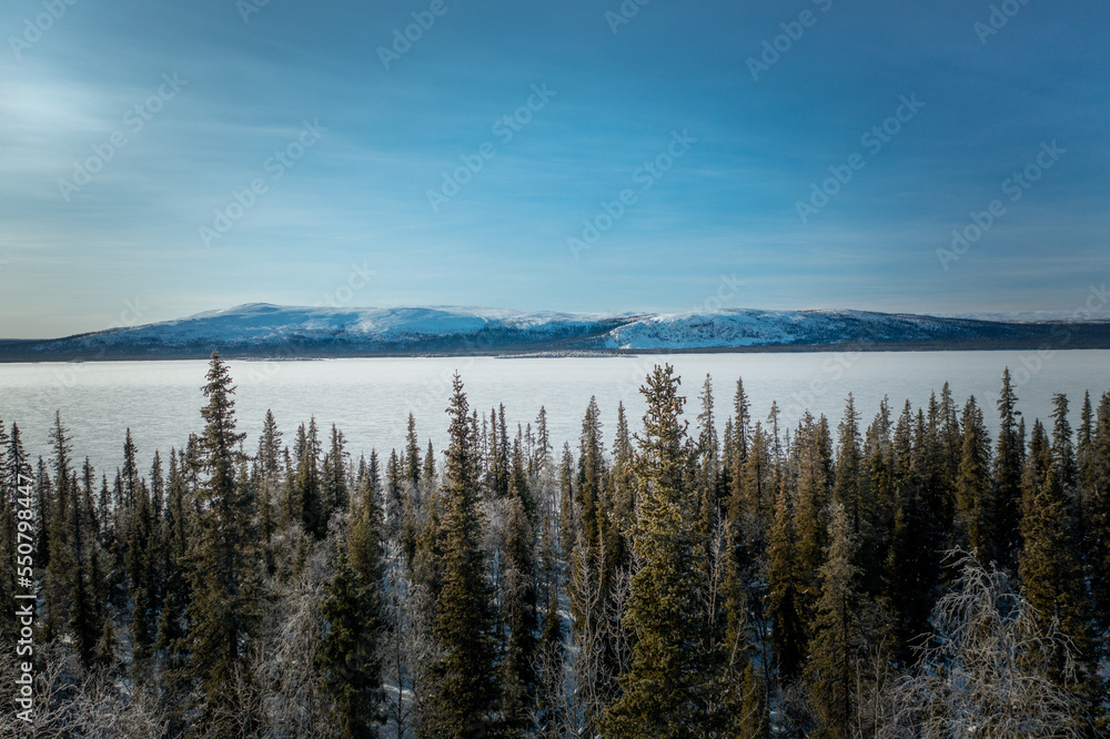 The view above the treeline of section fo Swedish Winter Landscape in Stora Sjöfallet National Park, Sweden The view above the treeline of section fo Swedish Winter Landscape in Stora Sjöfallet National Park, Sweden