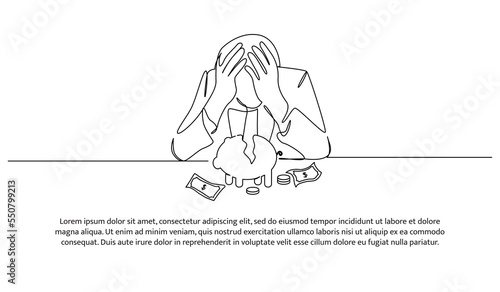 Simple line design of a young man who is forced to open his savings out of necessity. Decorative elements drawn on a white background.