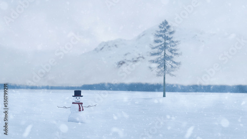 Winter Landscape With snowman and snowy tree and mountain background, snowing ang fog atmosphere 3d rendering