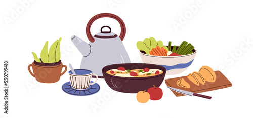 Healthy food, meals, dishes, tea composition. Vegetarian eating, bread, vegetable salad, omelette, apple fruits, kettle for breakfast, lunch. Flat vector illustration isolated on white background