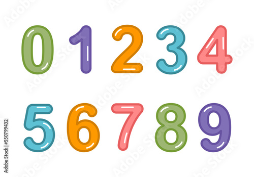 Cute number set of 0 to 9 in flat design on white background.