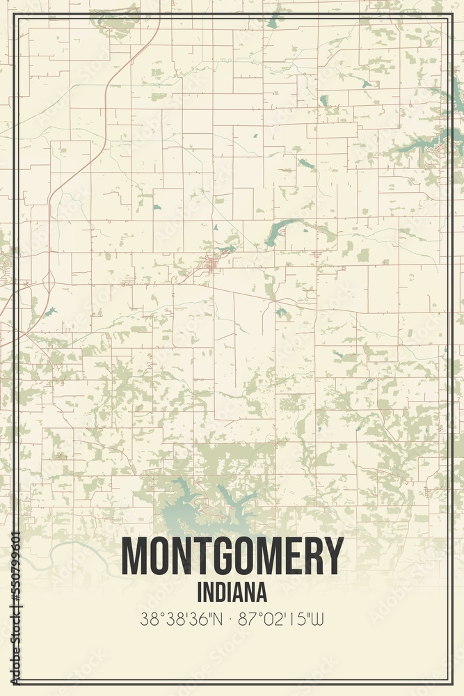 Retro US city map of Montgomery, Indiana. Vintage street map.