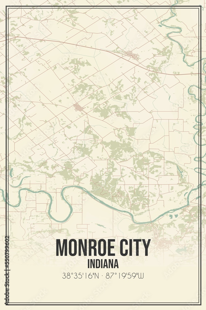 Retro US city map of Monroe City, Indiana. Vintage street map.