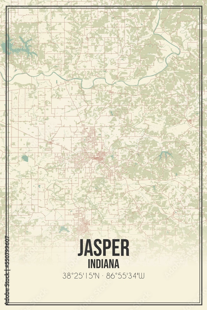 Retro US city map of Jasper, Indiana. Vintage street map.