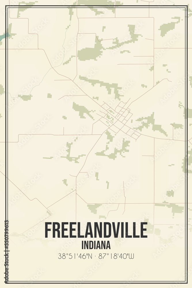 Retro US city map of Freelandville, Indiana. Vintage street map.