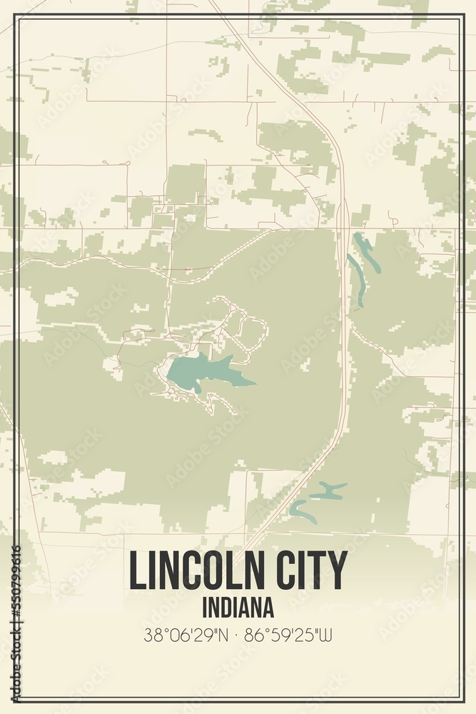 Obraz premium Retro US city map of Lincoln City, Indiana. Vintage street map.