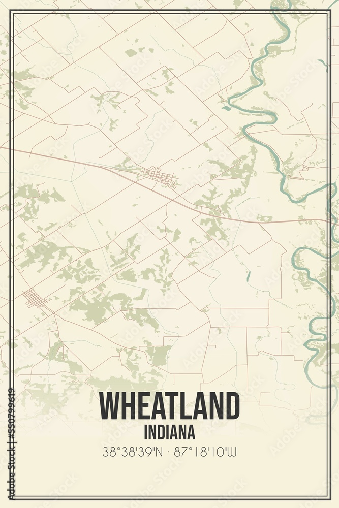 Retro US city map of Wheatland, Indiana. Vintage street map.