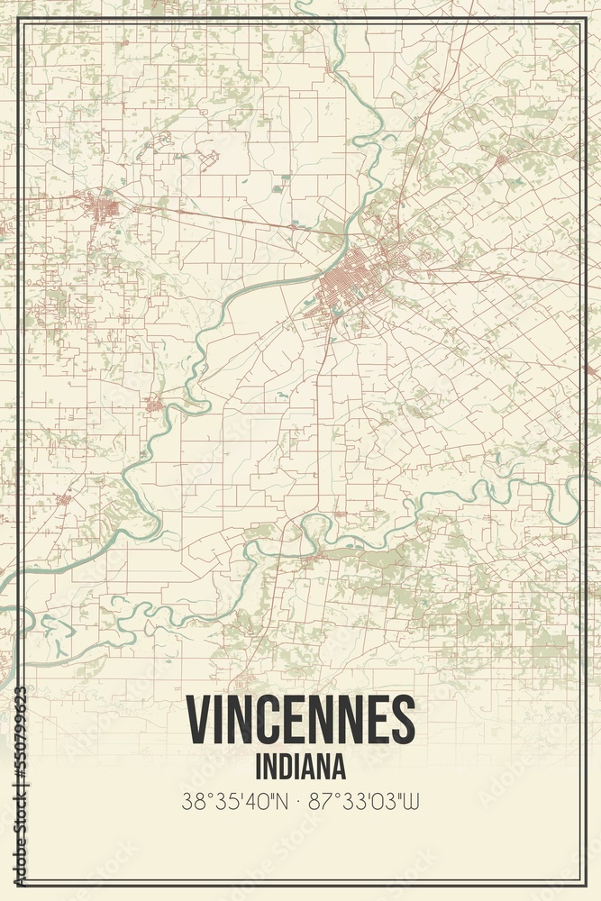 Retro US city map of Vincennes, Indiana. Vintage street map.