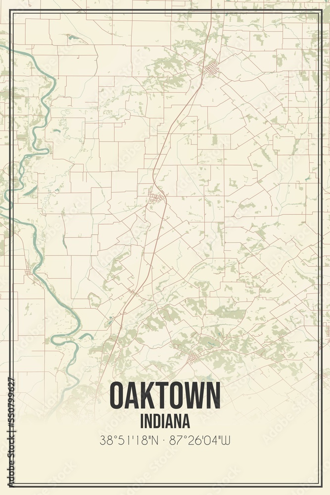 Retro US city map of Oaktown, Indiana. Vintage street map.