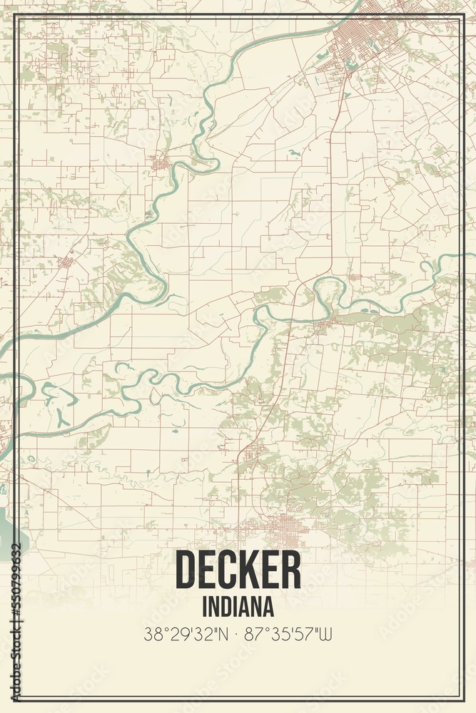 Retro US city map of Decker, Indiana. Vintage street map.