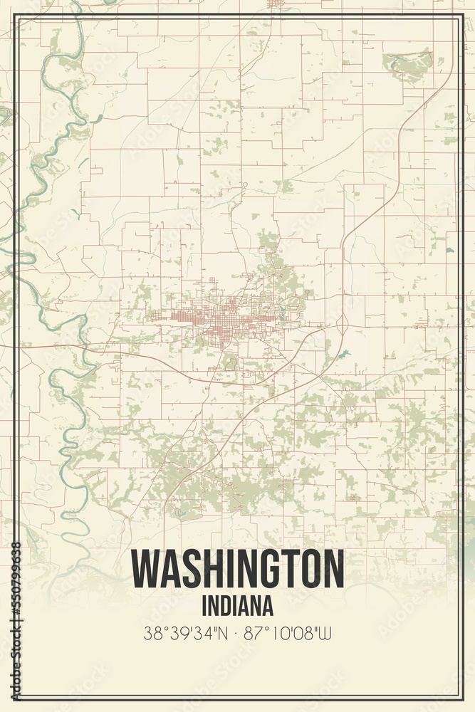 Retro US city map of Washington, Indiana. Vintage street map.