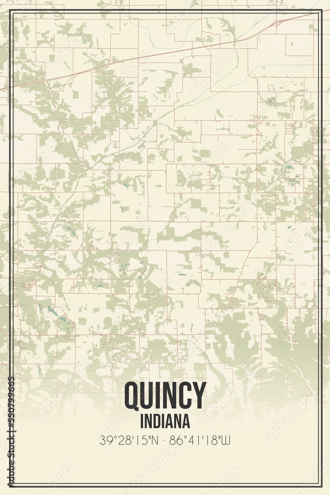 Retro US city map of Quincy, Indiana. Vintage street map.