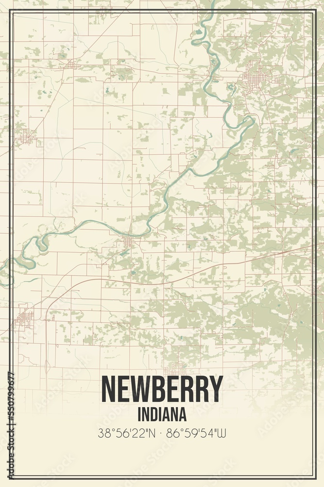 Retro US city map of Newberry, Indiana. Vintage street map.