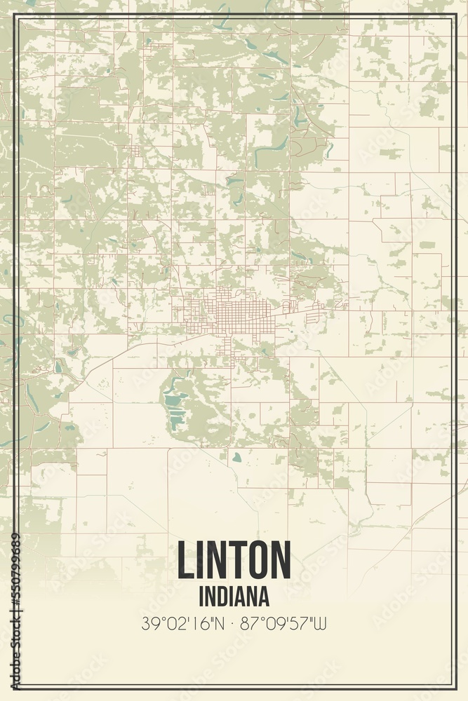 Retro US city map of Linton, Indiana. Vintage street map.