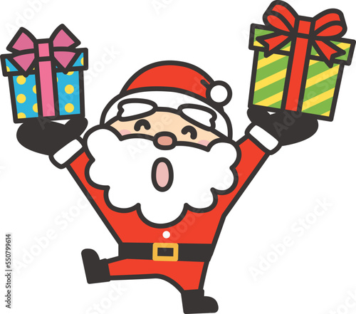 両手でプレゼントを配るサンタクロースのかわいいイラスト素材　子ども向けタッチ