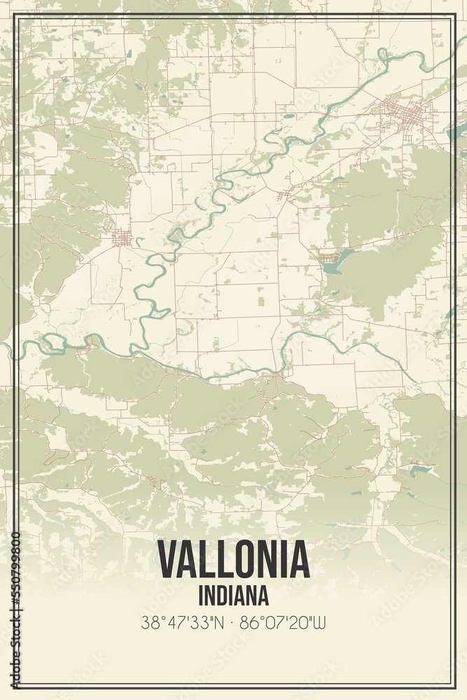 Retro US city map of Vallonia, Indiana. Vintage street map.