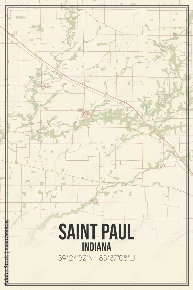 Retro US city map of Saint Paul, Indiana. Vintage street map.