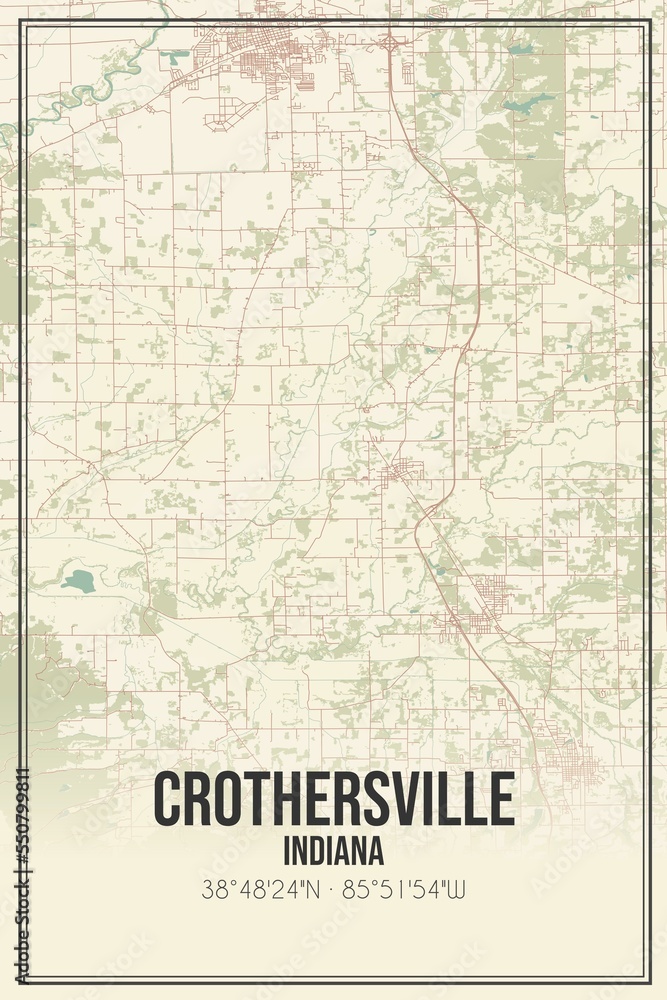 Retro US city map of Crothersville, Indiana. Vintage street map.