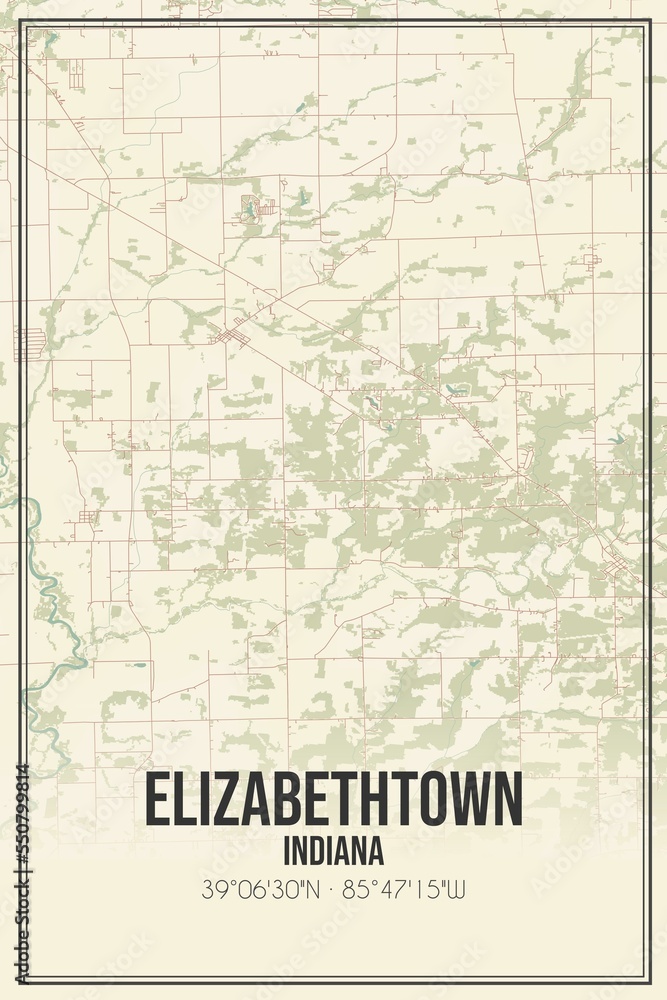 Retro US city map of Elizabethtown, Indiana. Vintage street map.