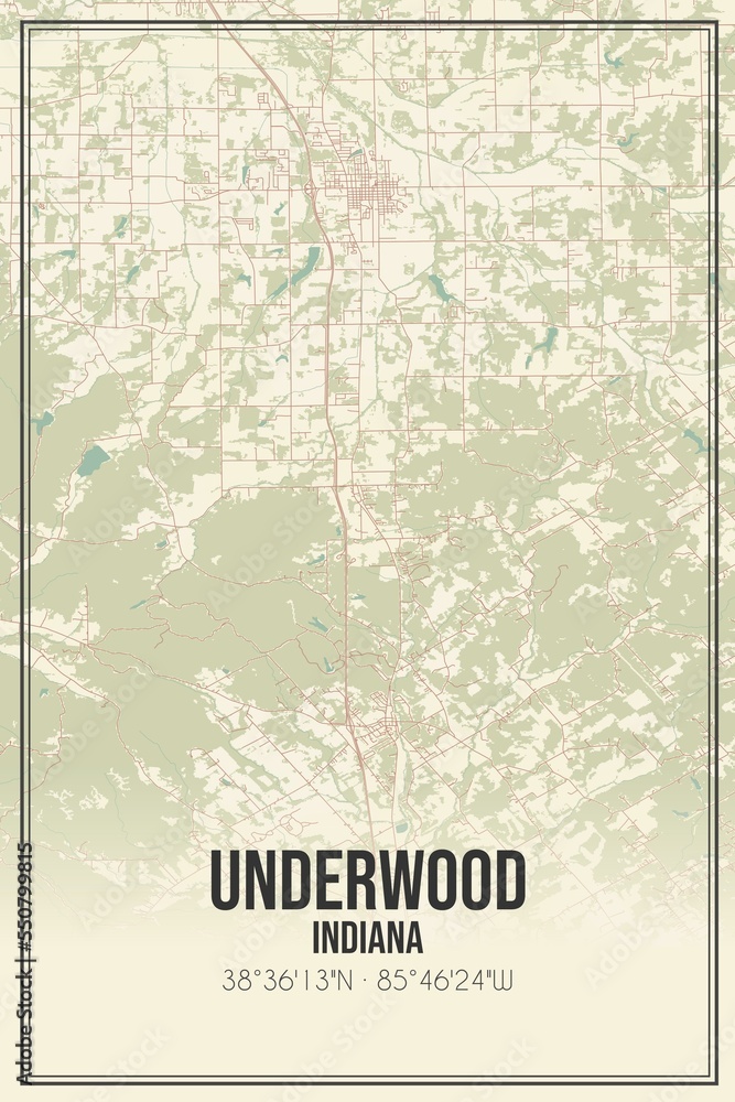 Retro US city map of Underwood, Indiana. Vintage street map.