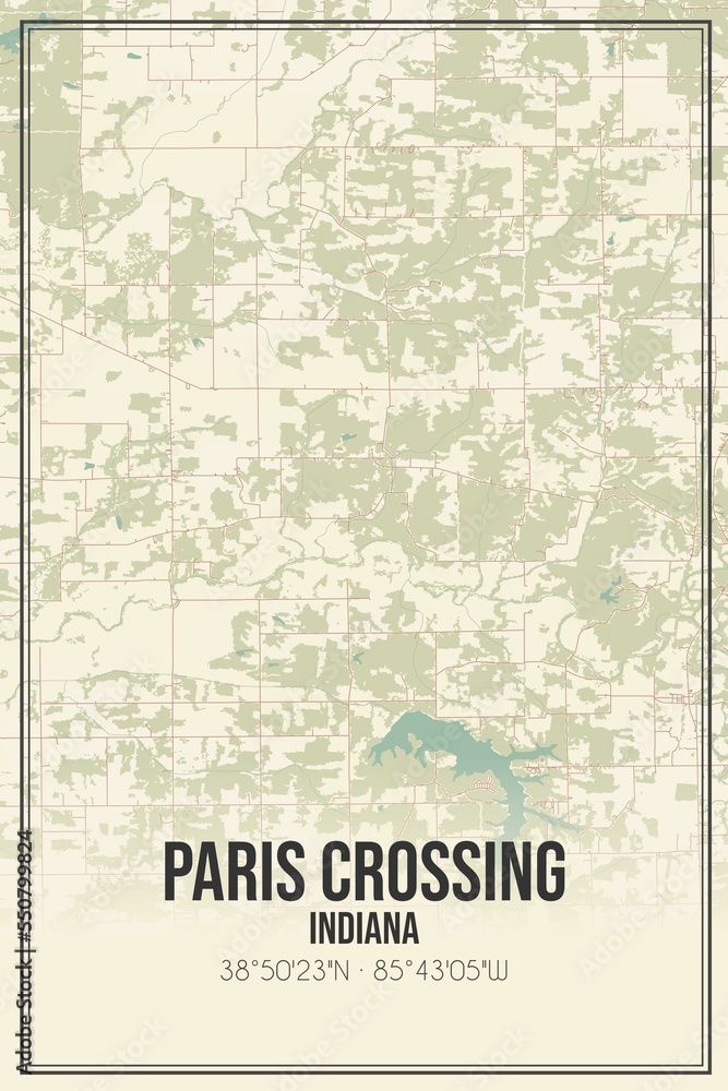 Retro US city map of Paris Crossing, Indiana. Vintage street map.