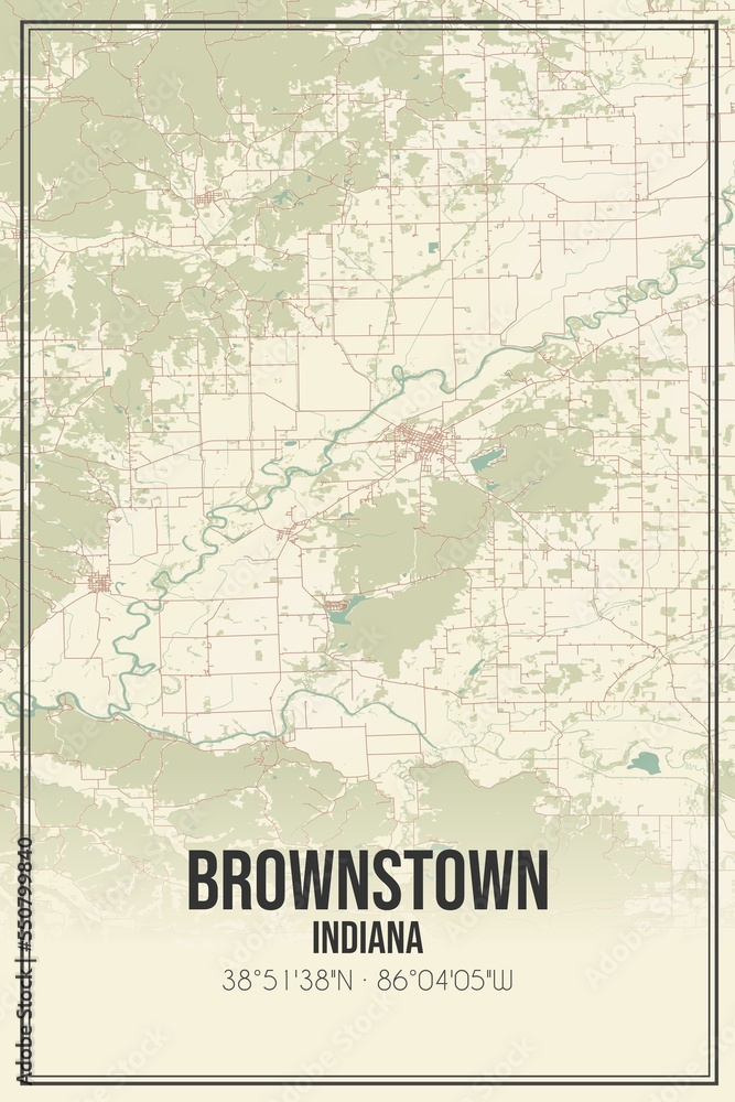 Retro US city map of Brownstown, Indiana. Vintage street map.