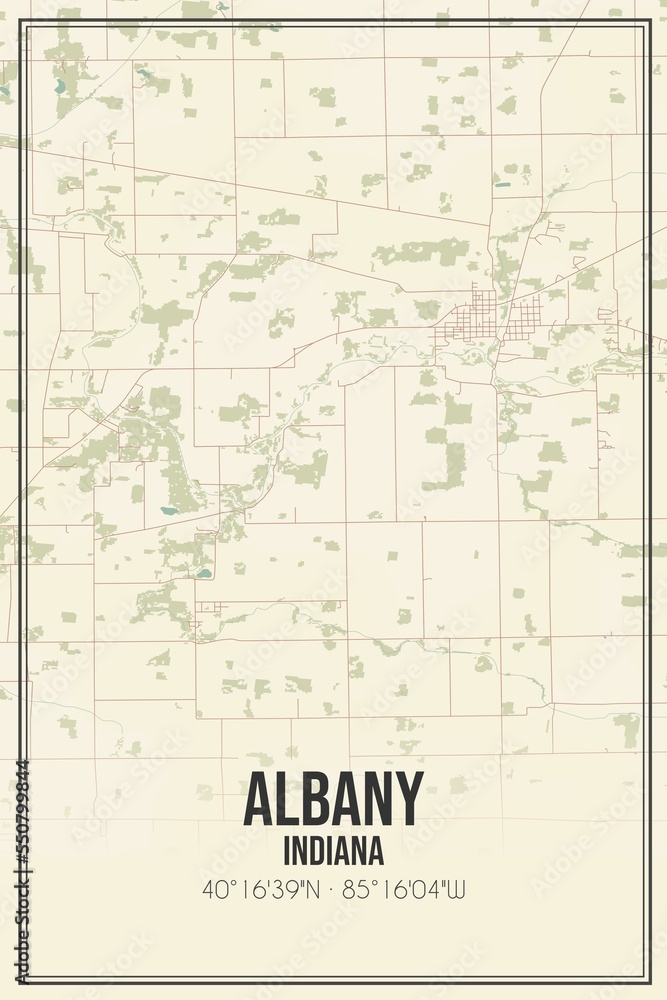 Retro US city map of Albany, Indiana. Vintage street map.