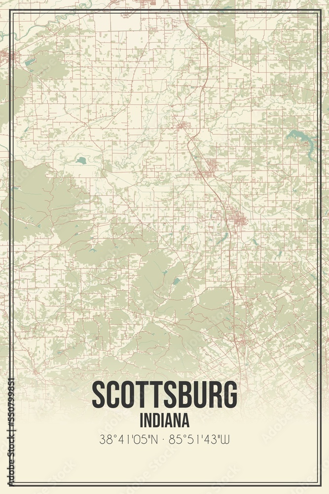 Retro US city map of Scottsburg, Indiana. Vintage street map.