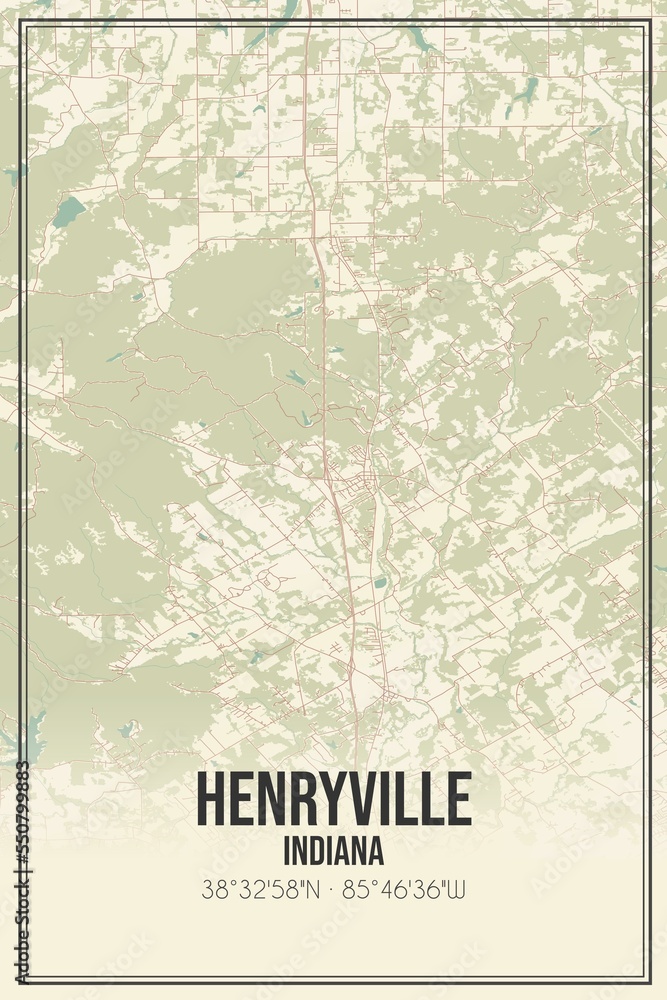 Retro US city map of Henryville, Indiana. Vintage street map.
