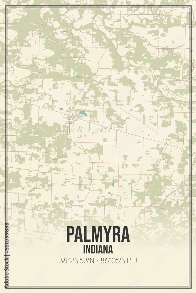 Retro US city map of Palmyra, Indiana. Vintage street map.