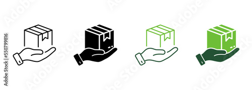Courier Give Cardboard Packaging Silhouette and Line Icon. Receive Present in Carton Package Icon. Parcel Box in Hand Delivery Service Pictogram. Editable Stroke. Isolated Vector Illustration