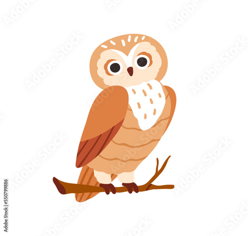 Cute adorable owl sitting on tree branch. Amusing pretty feathered bird on twig. Lovely sweet owlet. Charming nice funny birdie. Flat vector illustration isolated on white background