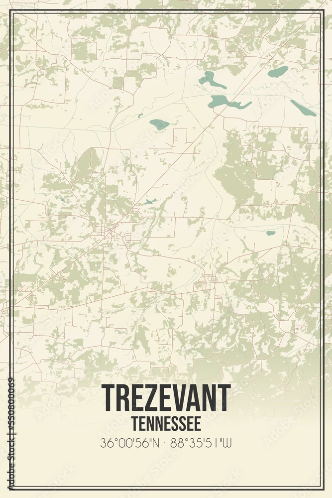 Retro US city map of Trezevant, Tennessee. Vintage street map.