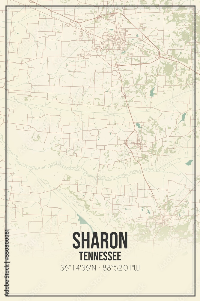 Retro US city map of Sharon, Tennessee. Vintage street map.