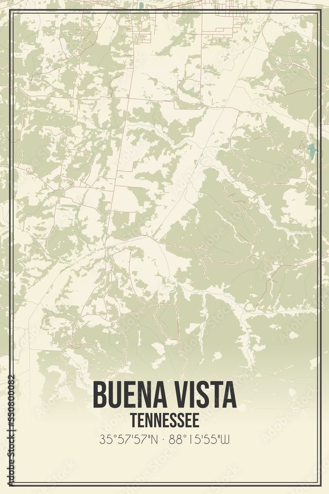 Retro US city map of Buena Vista, Tennessee. Vintage street map.