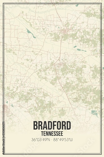 Fototapeta Naklejka Na Ścianę i Meble -  Retro US city map of Bradford, Tennessee. Vintage street map.