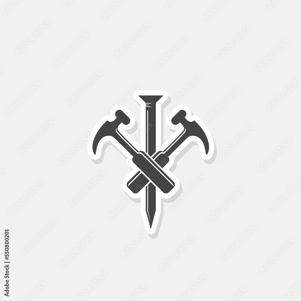 Hammer and nail icon sticker isolated on white Hammer and nail icon sticker isolated on white