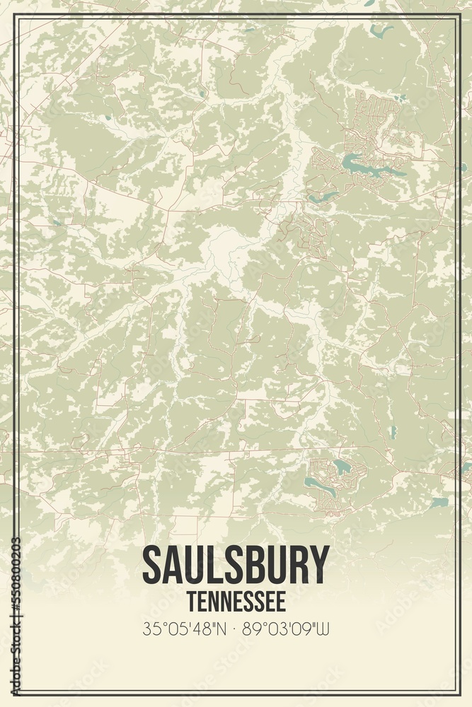 Retro US city map of Saulsbury, Tennessee. Vintage street map.