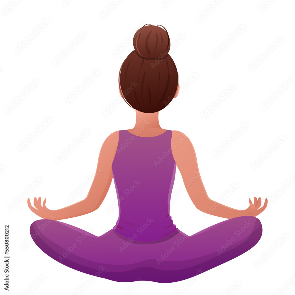 Meditation female character sitting in lotus pose, back view in cartoon style isolated on white background.