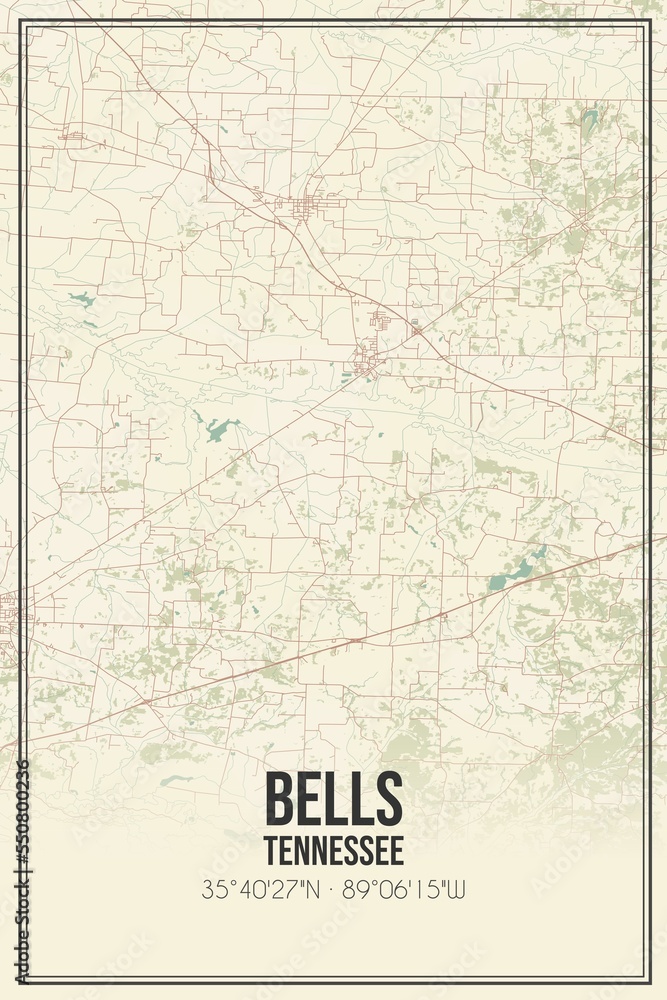 Retro US city map of Bells, Tennessee. Vintage street map.