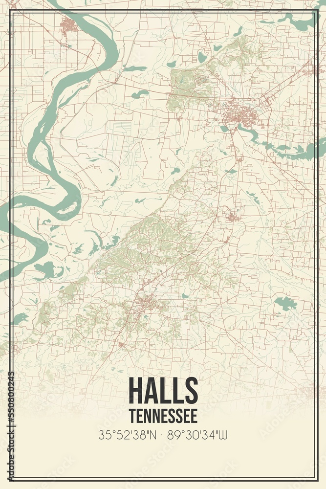 Retro US city map of Halls, Tennessee. Vintage street map.