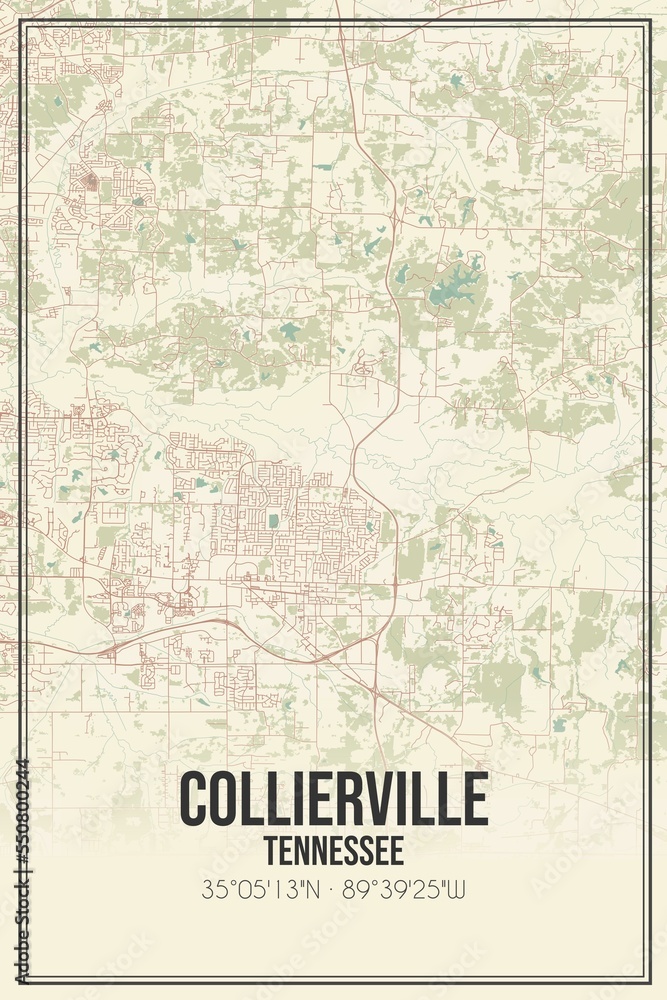 Retro US city map of Collierville, Tennessee. Vintage street map.