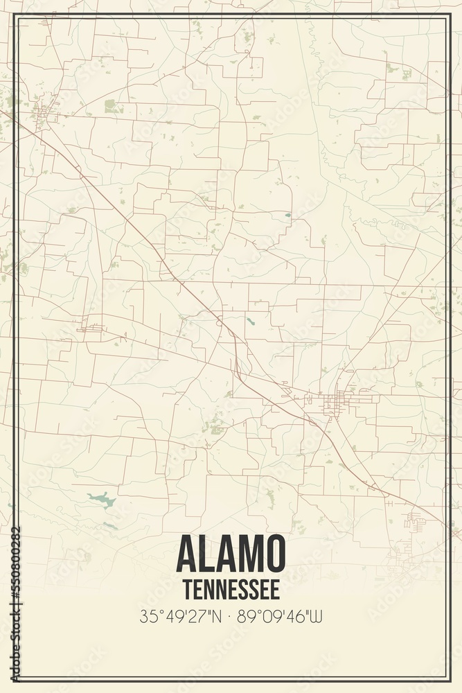 Retro US city map of Alamo, Tennessee. Vintage street map.