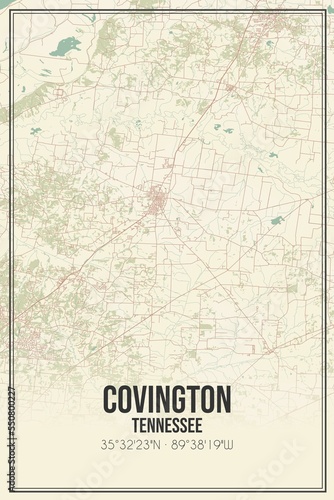 Retro US city map of Covington  Tennessee. Vintage street map.