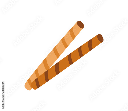 Rolled wafer sticks. Crispy dessert, sugar snack. Crunchy sweet straws, biscuits. Long striped chocolate and vanilla cookies for decoration. Flat vector illustration isolated on white background