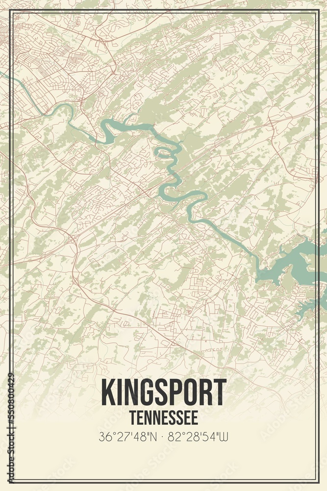 Retro US city map of Kingsport, Tennessee. Vintage street map.
