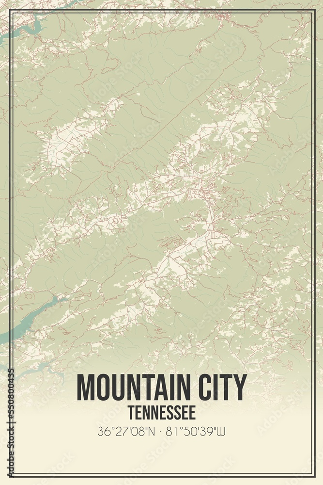 Retro US city map of Mountain City, Tennessee. Vintage street map.