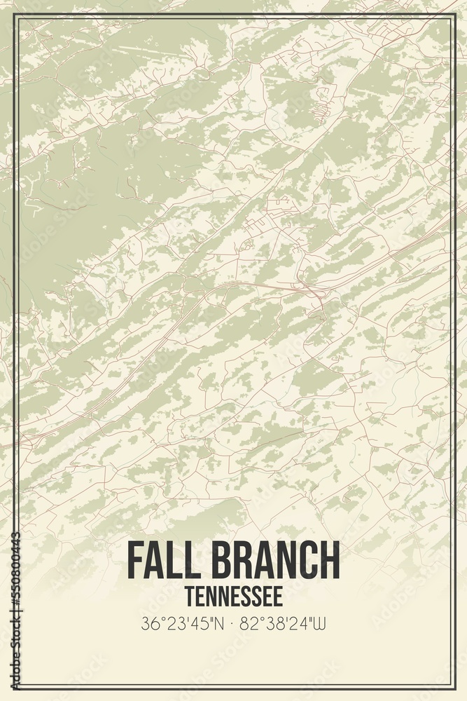 Retro US city map of Fall Branch, Tennessee. Vintage street map.