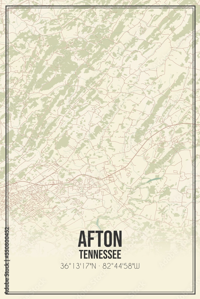 Retro US city map of Afton, Tennessee. Vintage street map.