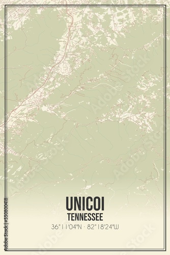 Retro US city map of Unicoi, Tennessee. Vintage street map. photo